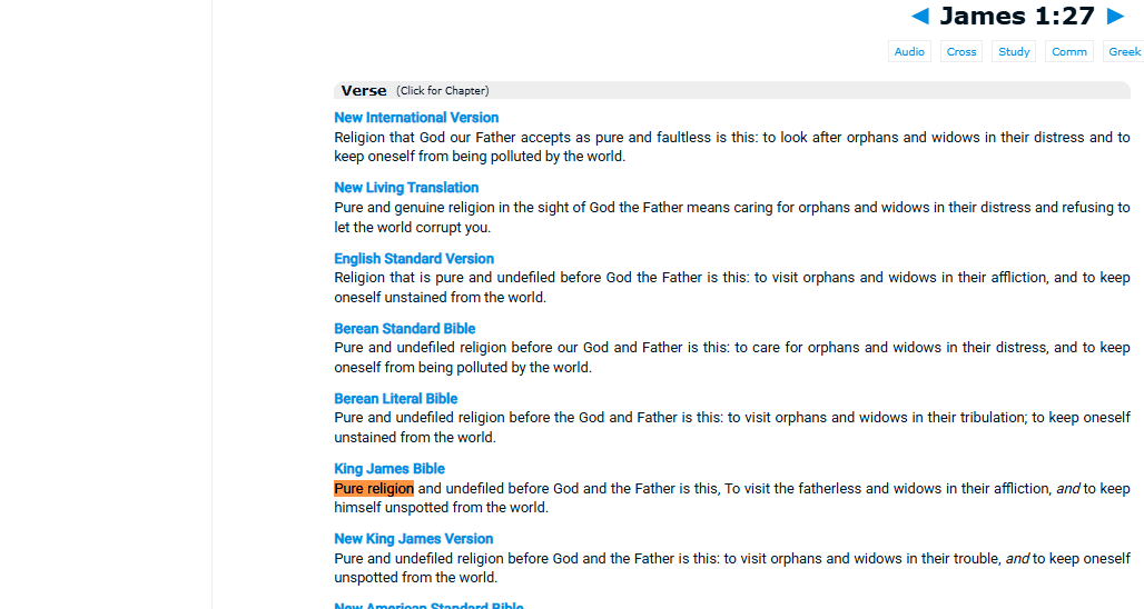 Pure religion KJV screenshot of BibleHub translations