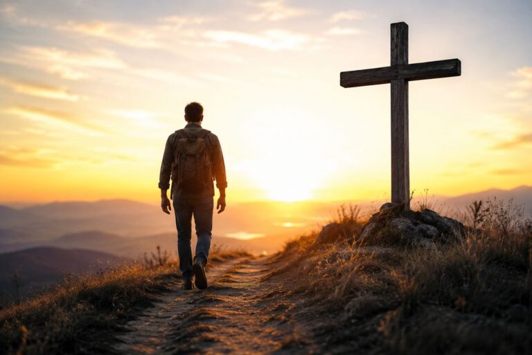 Man walking towards a wooden cross